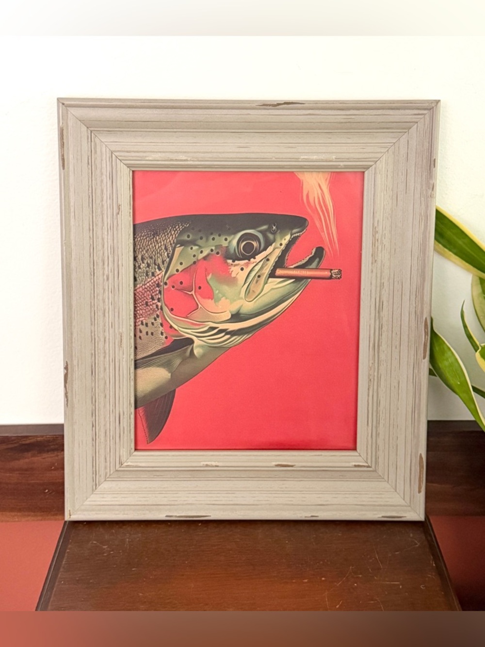 Trout Fish Smoking a Cigarette Vintage Style Canvas Wall Art Print Gray Framed